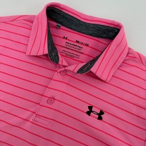 Under Armour Mens Small Playoff Polo Shirt Pink Striped Loose Fit Golf